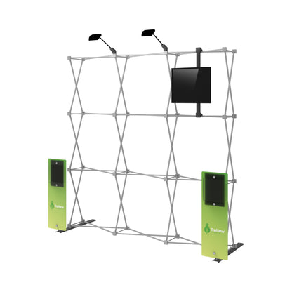 Trade show pop-up display frame with mounted monitor and literature holders for exhibitions