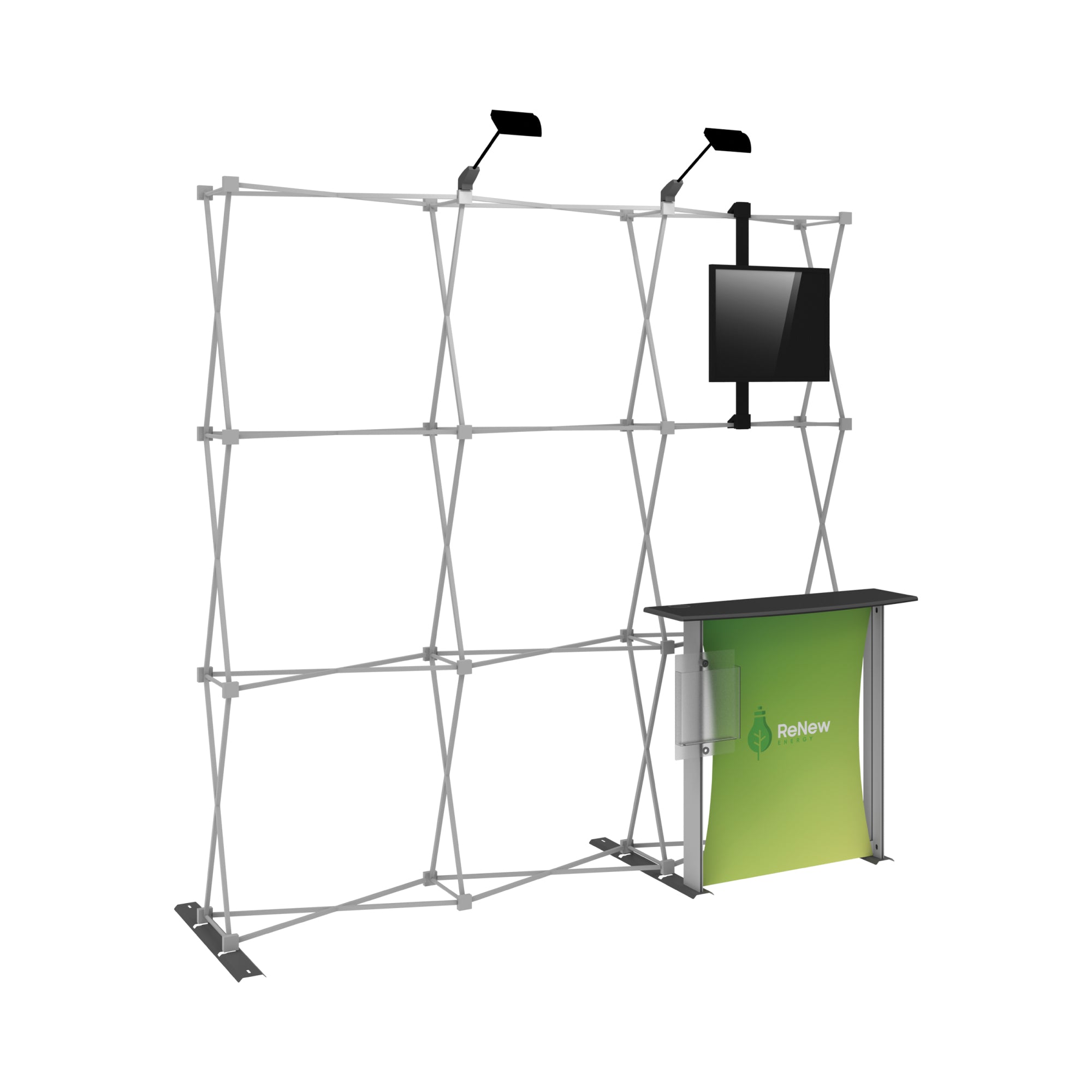 Trade show display frame with podium, mounted monitor, and overhead spotlights for exhibitions