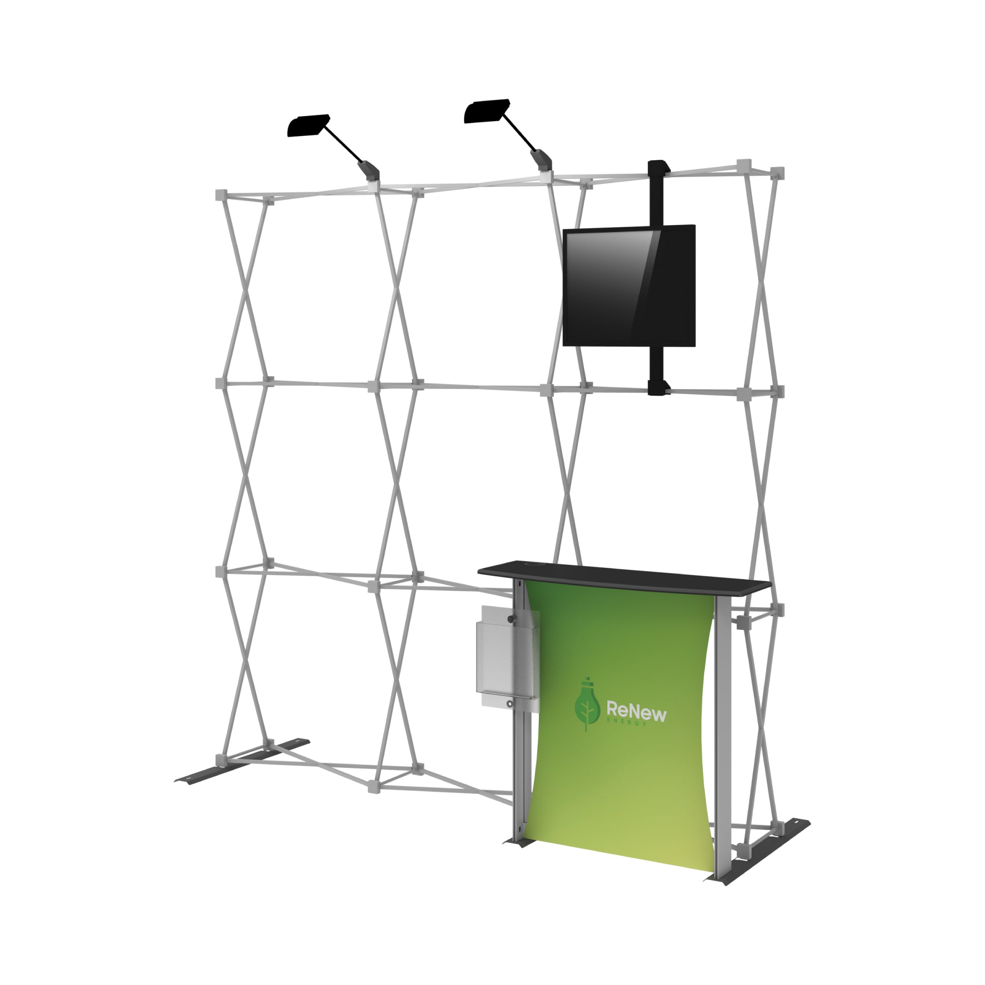 Trade show display frame with lights, monitor mount, and promotional counter for exhibitions