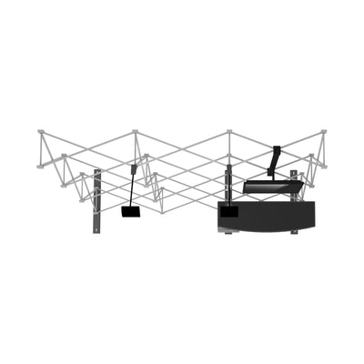 Adjustable trade show exhibit frame with hanging sign and lighting attachments for event displays