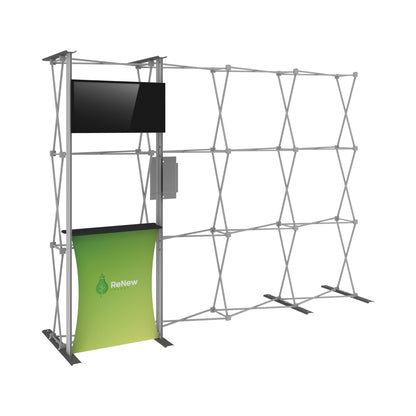 Expandable trade show display frame with monitor mount and counter for exhibitions and events