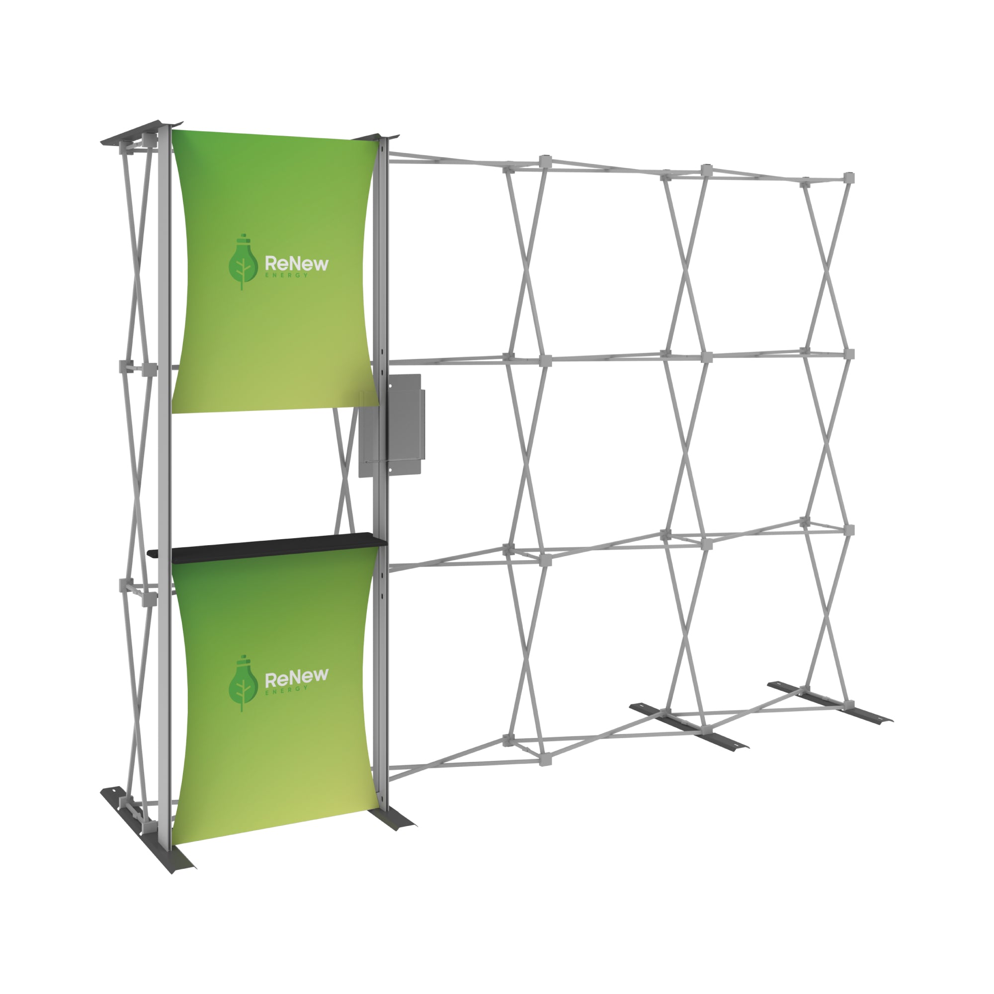 Portable trade show display frame with branded fabric graphic panels and a small shelf for exhibitions