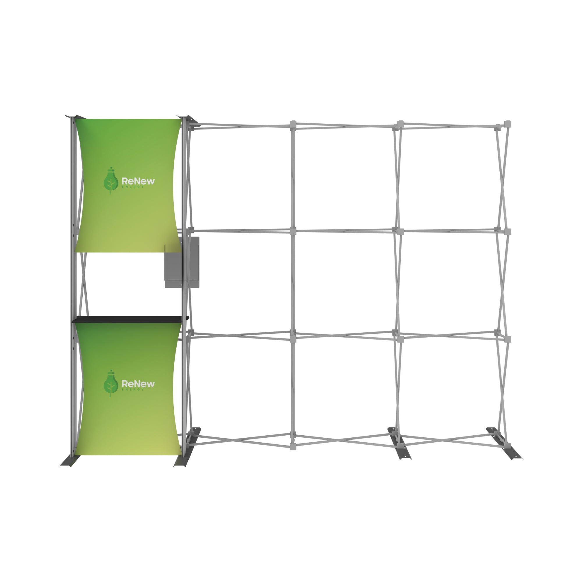 Expandable trade show display frame with fabric graphic panels and attached brochure holder for exhibitions
