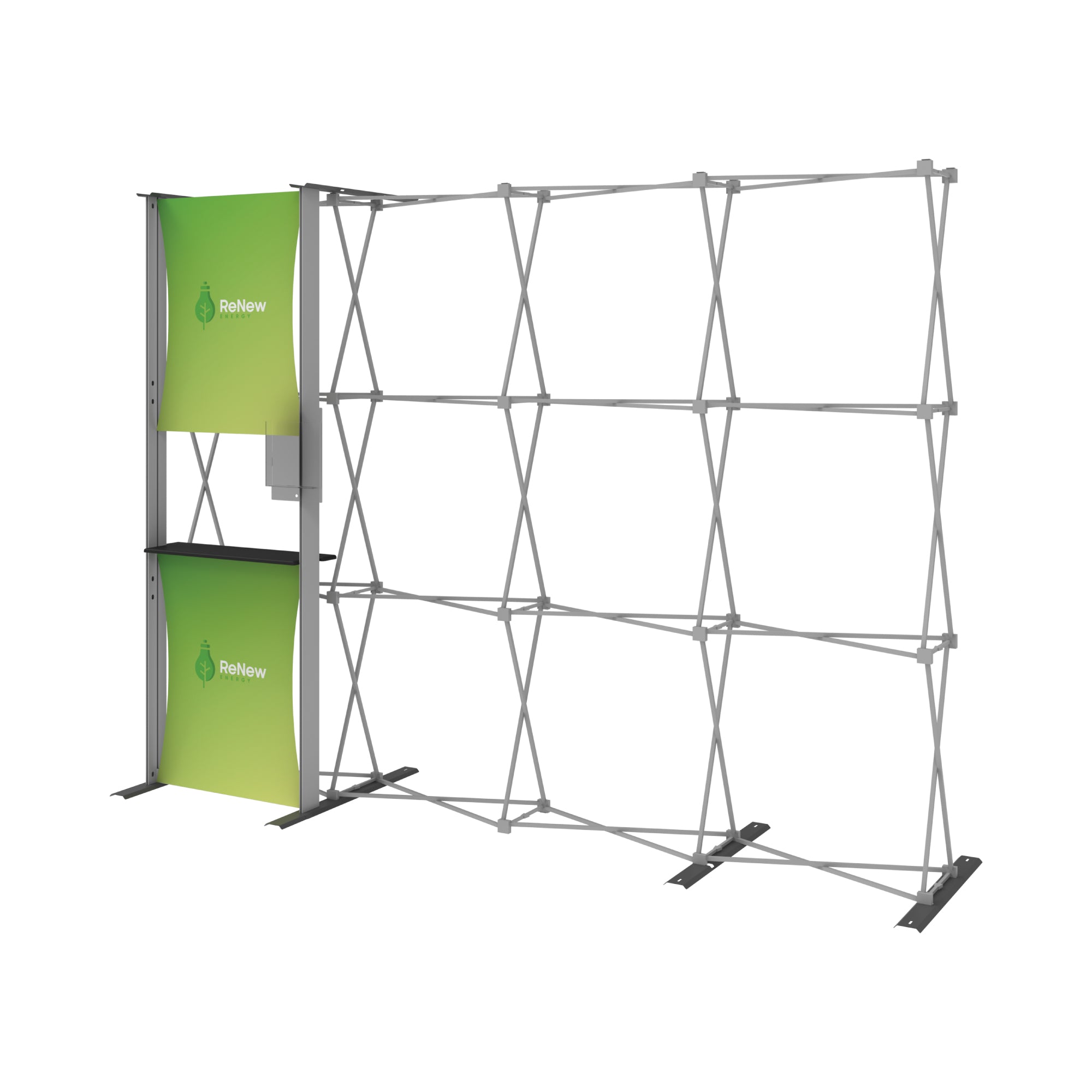 Modular trade show display frame with attachment panels and shelf for exhibitions and special events