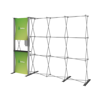 Modular trade show display frame with attachment panels and shelf for exhibitions and special events