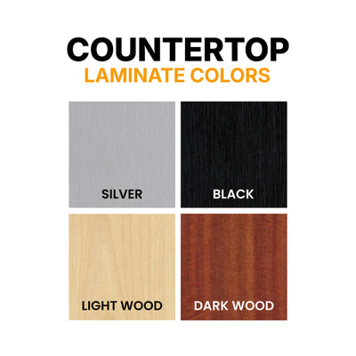 Countertop laminate material samples for trade shows and exhibitions in silver, black, light wood, and dark wood finishes