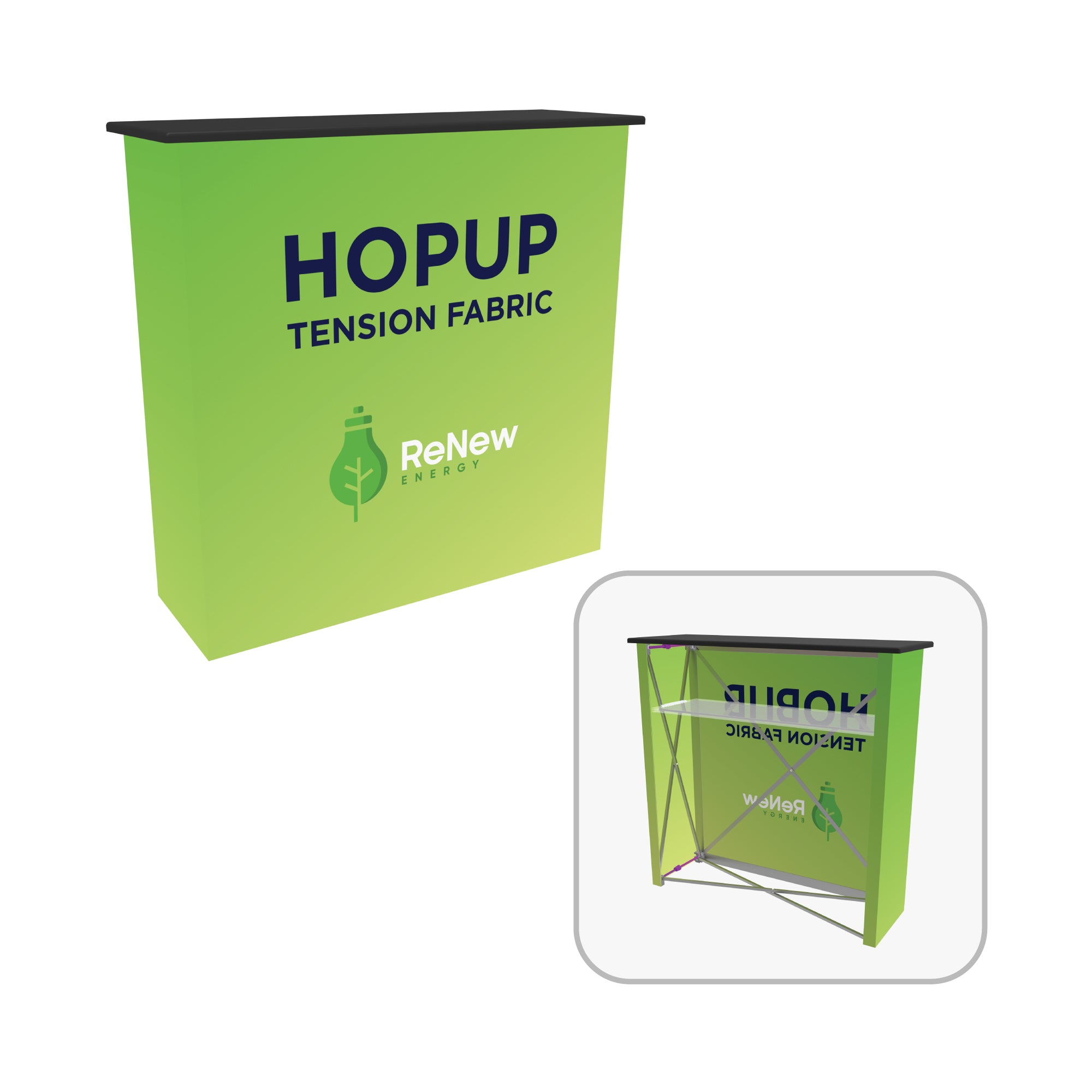 Portable tension fabric pop-up counter with branded graphic for trade shows and exhibitions