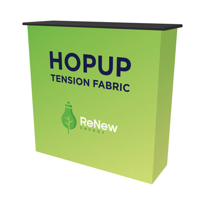 Portable hopup tension fabric counter for trade shows and exhibitions with custom logo display