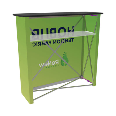 Portable pop-up counter for trade shows and exhibitions with collapsible frame and branding graphics