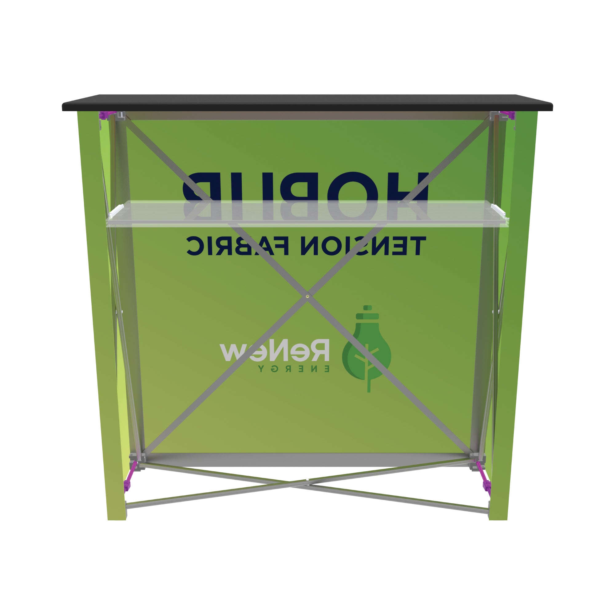 Portable pop-up trade show counter with tension fabric graphic and internal shelf for exhibitions