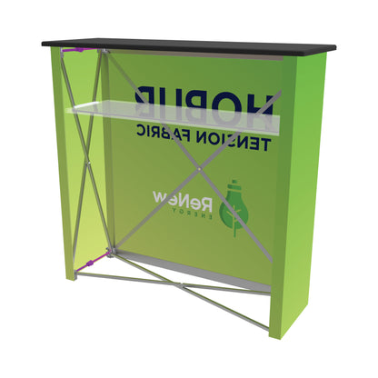 Portable trade show counter with fabric graphics and metal frame for exhibitions and events