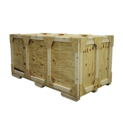 Large wooden shipping crate designed for safely transporting trade show and exhibition equipment