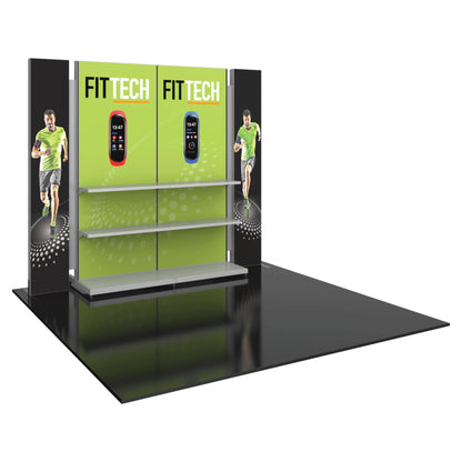 Modular trade show display with FITTECH branding, product shelves, and athlete graphics for exhibitions