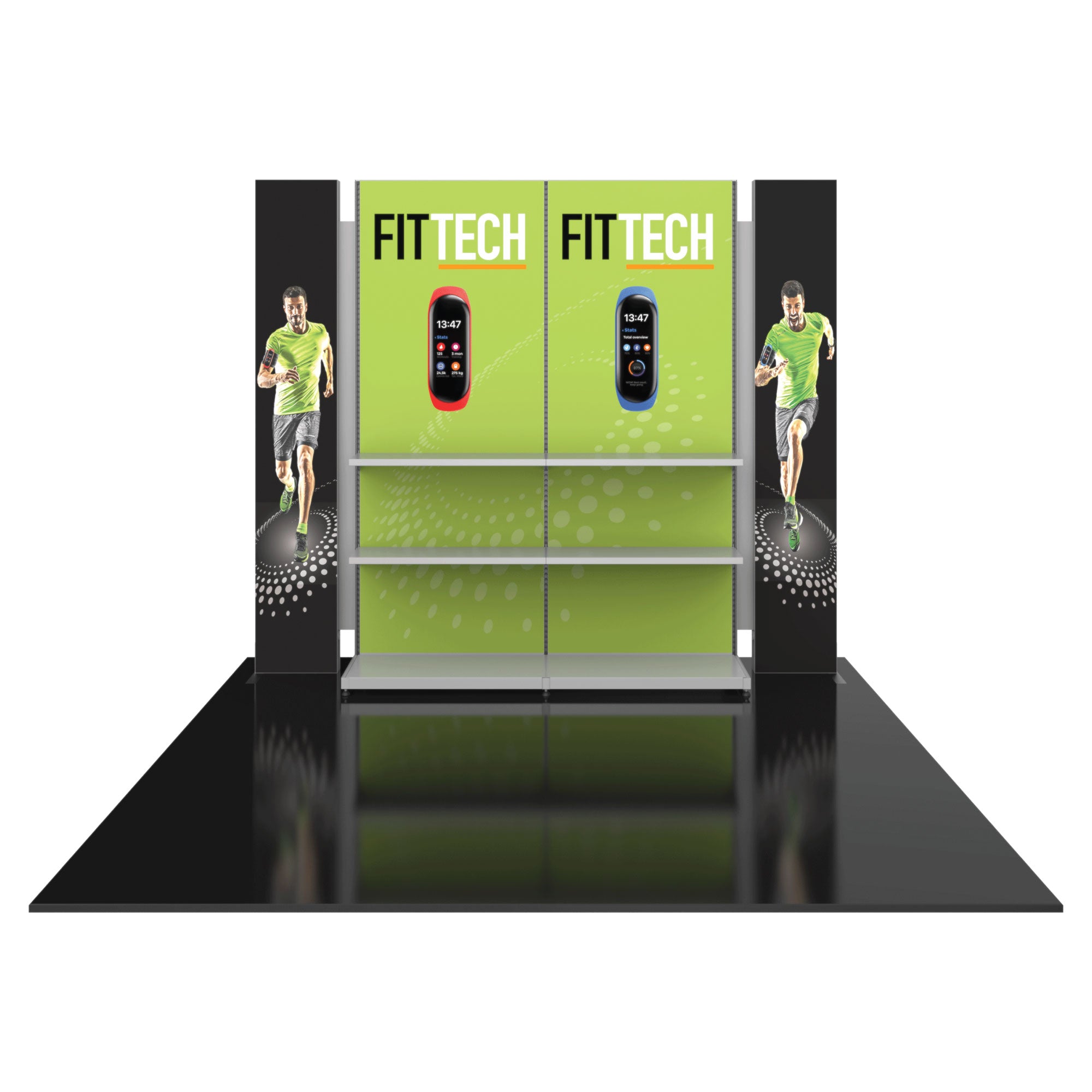 Modular trade show display with shelves showcasing fitness tech products for exhibitions and events