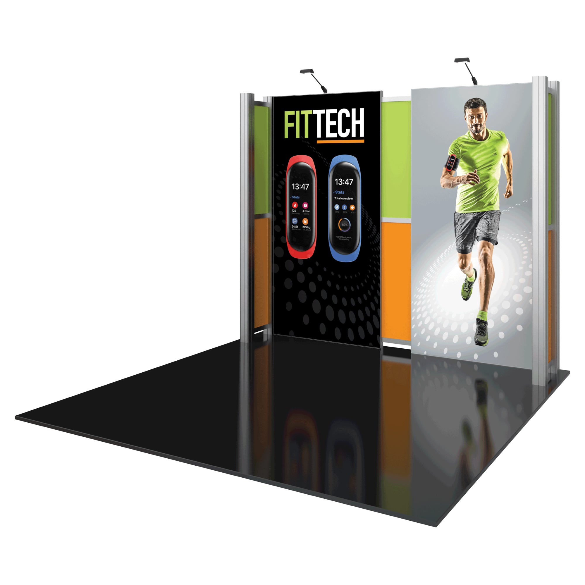 Modular trade show display with fitness tracker advertisement and runner graphic for exhibitions and events