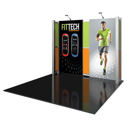 Modular trade show display with fitness tracker advertisement and runner graphic for exhibitions and events