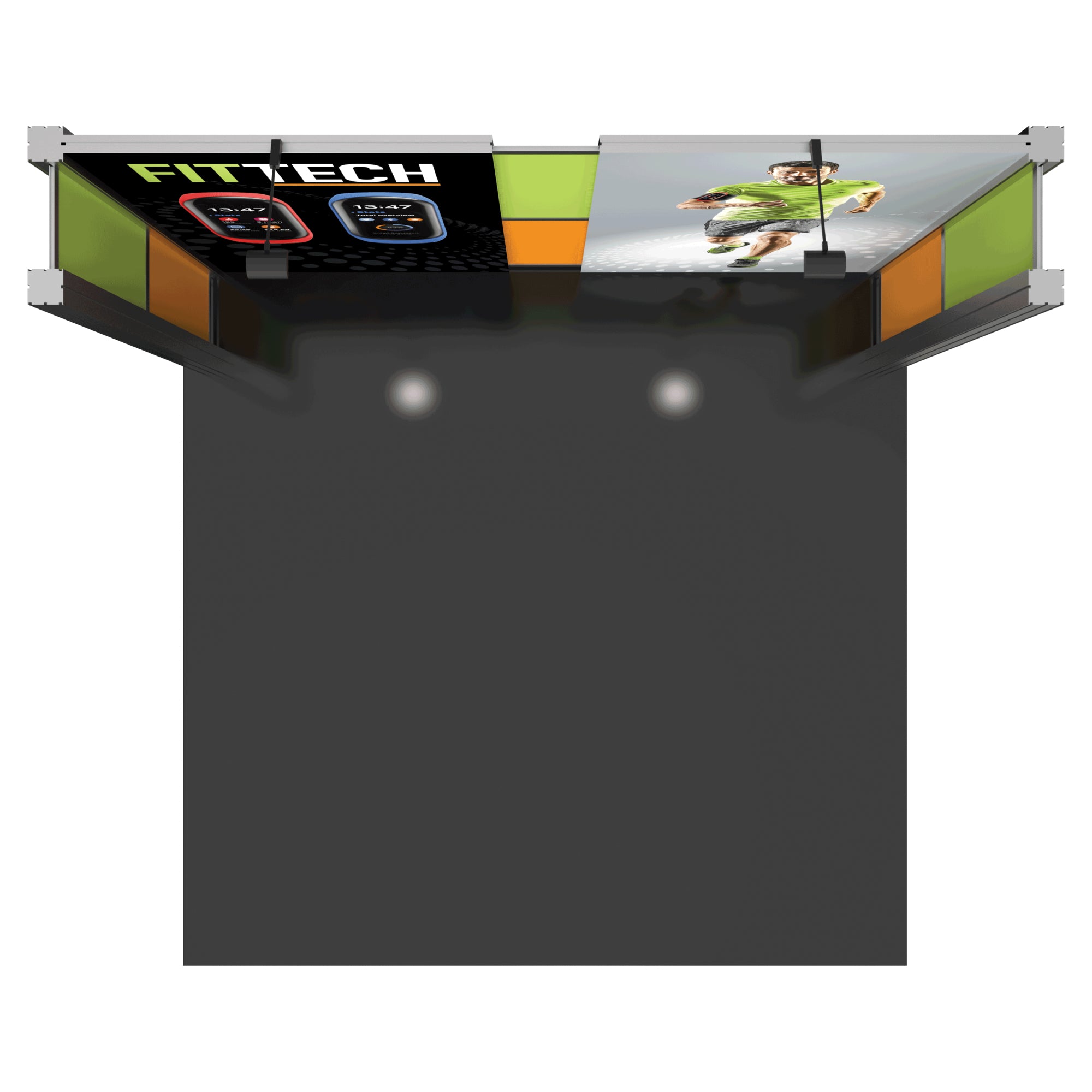 Trade show booth with overhead banners featuring fitness tech smartwatches and running athlete graphics for exhibitions