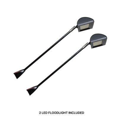 Two adjustable LED floodlights with long arms for trade show and exhibition lighting setups