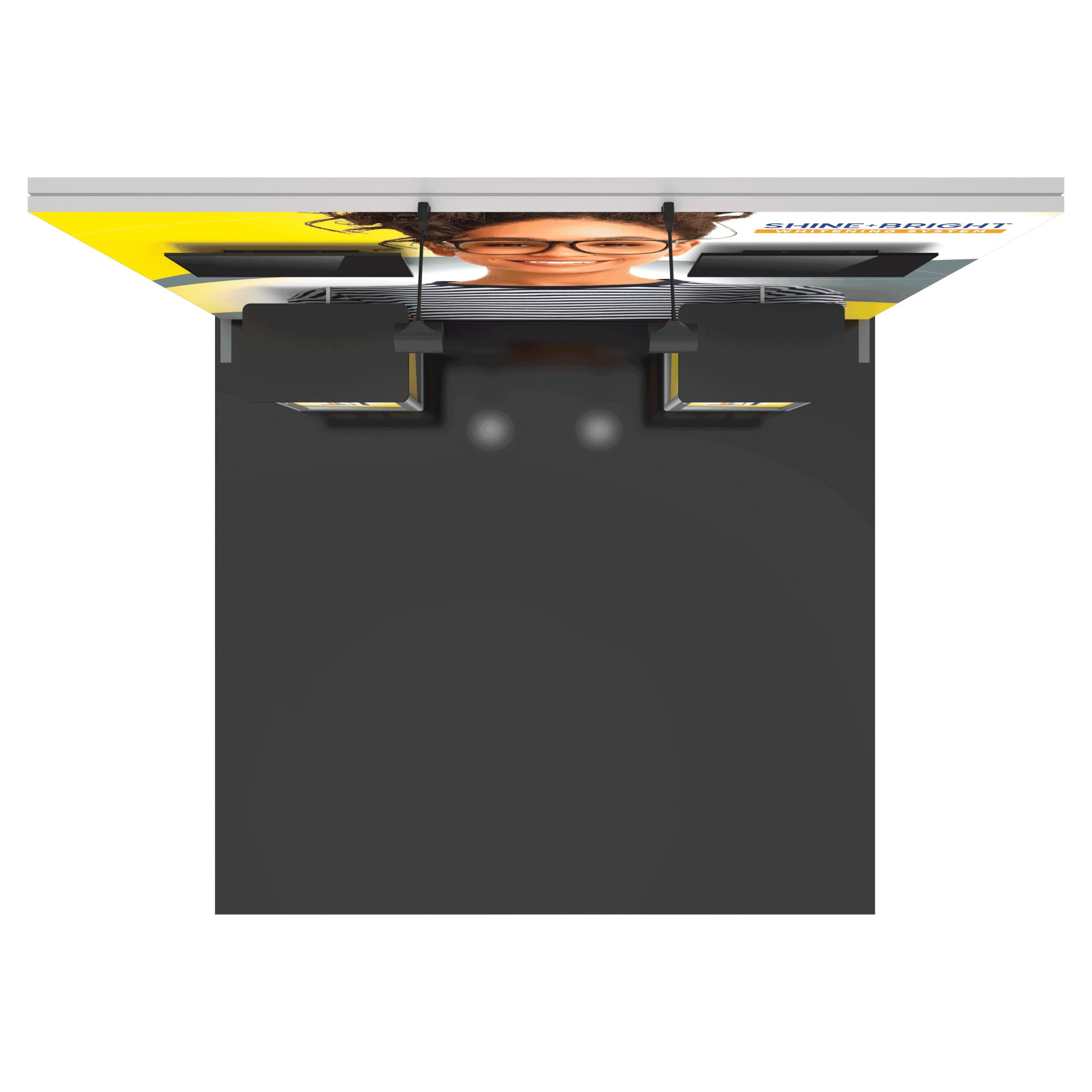 Trade show booth modular display with two counters, large backdrop and overhead lighting for exhibitions