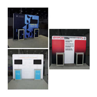 Modular trade show displays with branded backdrops and counters for exhibitions and special events