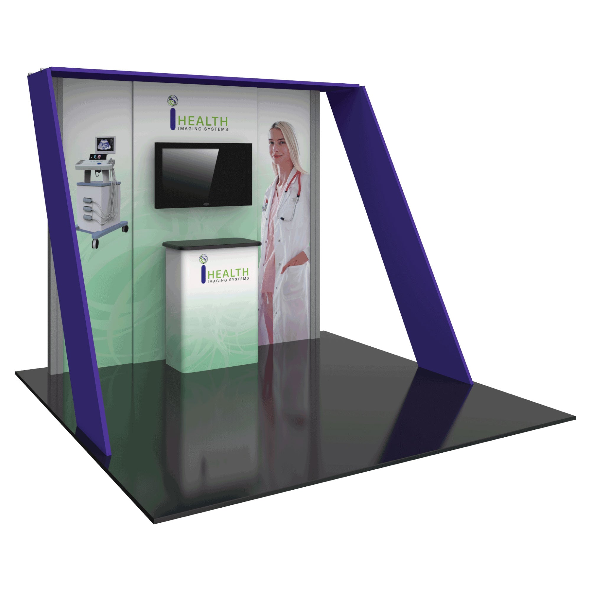 Modular trade show exhibit with branding, monitor, and podium for healthcare imaging systems