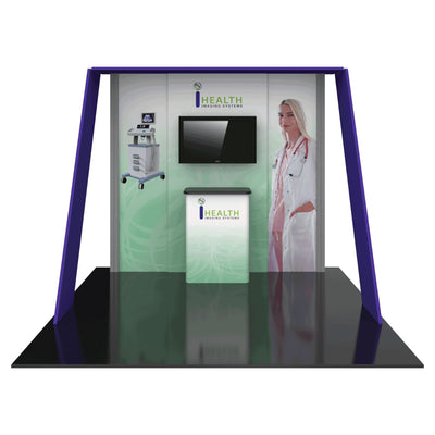 Modular trade show display booth featuring health imaging system graphics and monitor for exhibitions