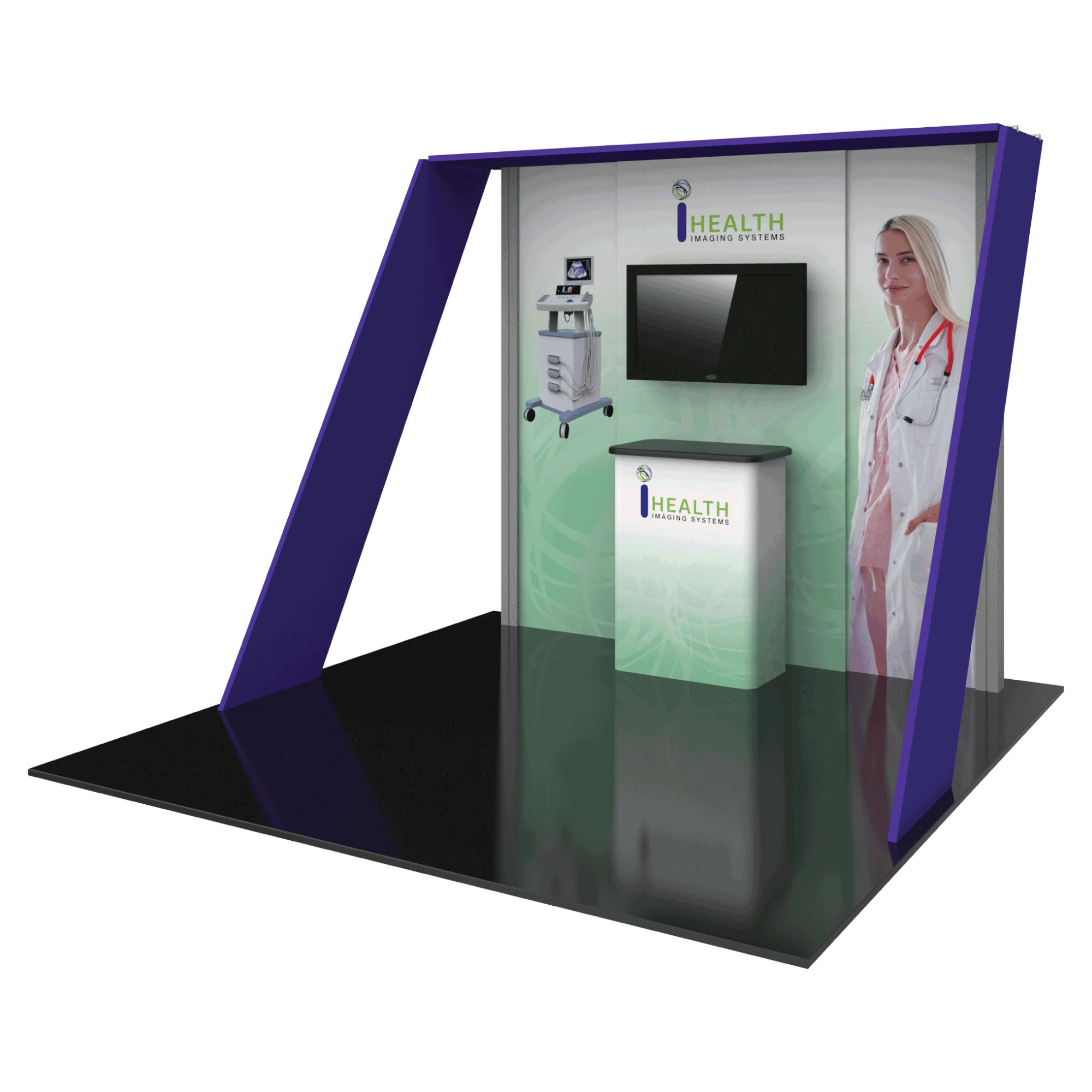 Modular trade show booth with medical imaging system graphics, monitor, and reception counter for exhibitions