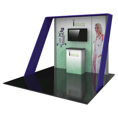 Modular trade show booth with medical imaging system graphics, monitor, and reception counter for exhibitions