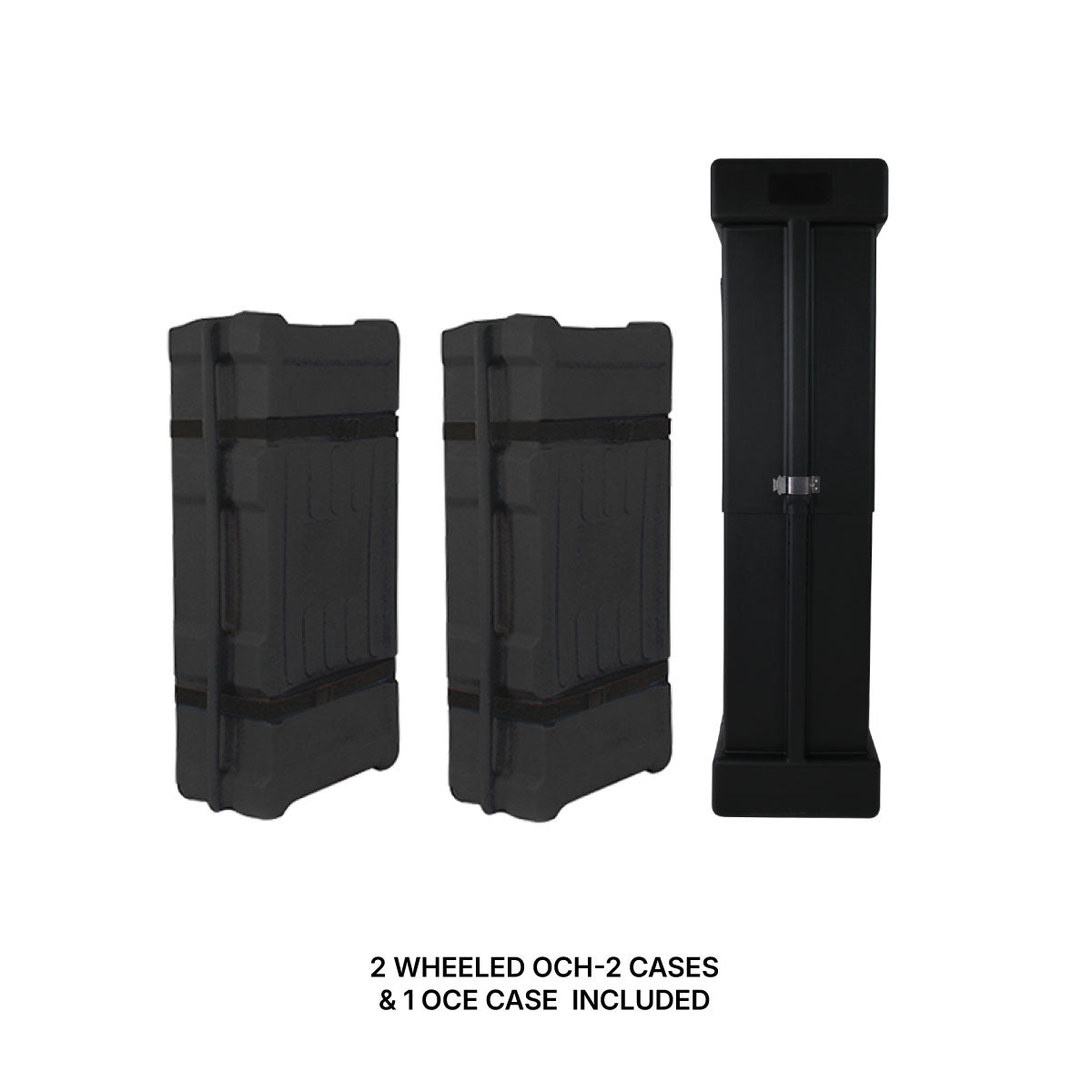 Modular trade show cases with wheels and a tall protective case for exhibitions and events