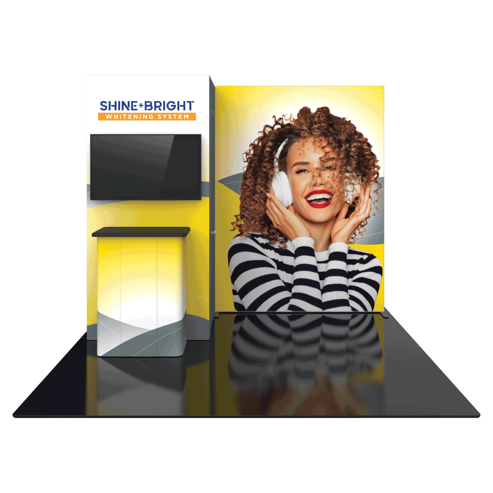 Modular trade show display with large graphic panel featuring a smiling woman, TV mount, and counter
