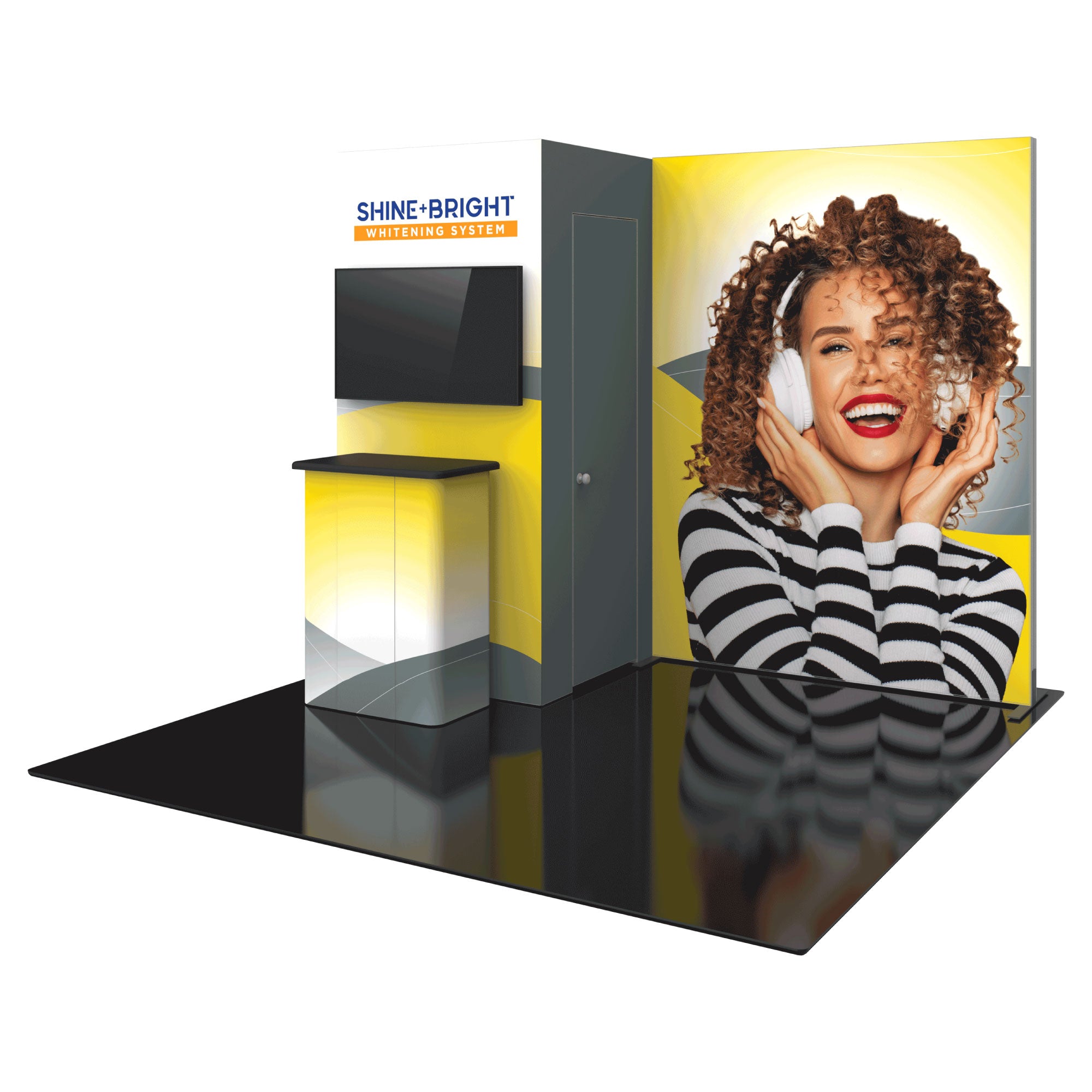 Modular trade show display with graphic panels, TV mount, and storage counter for exhibitions
