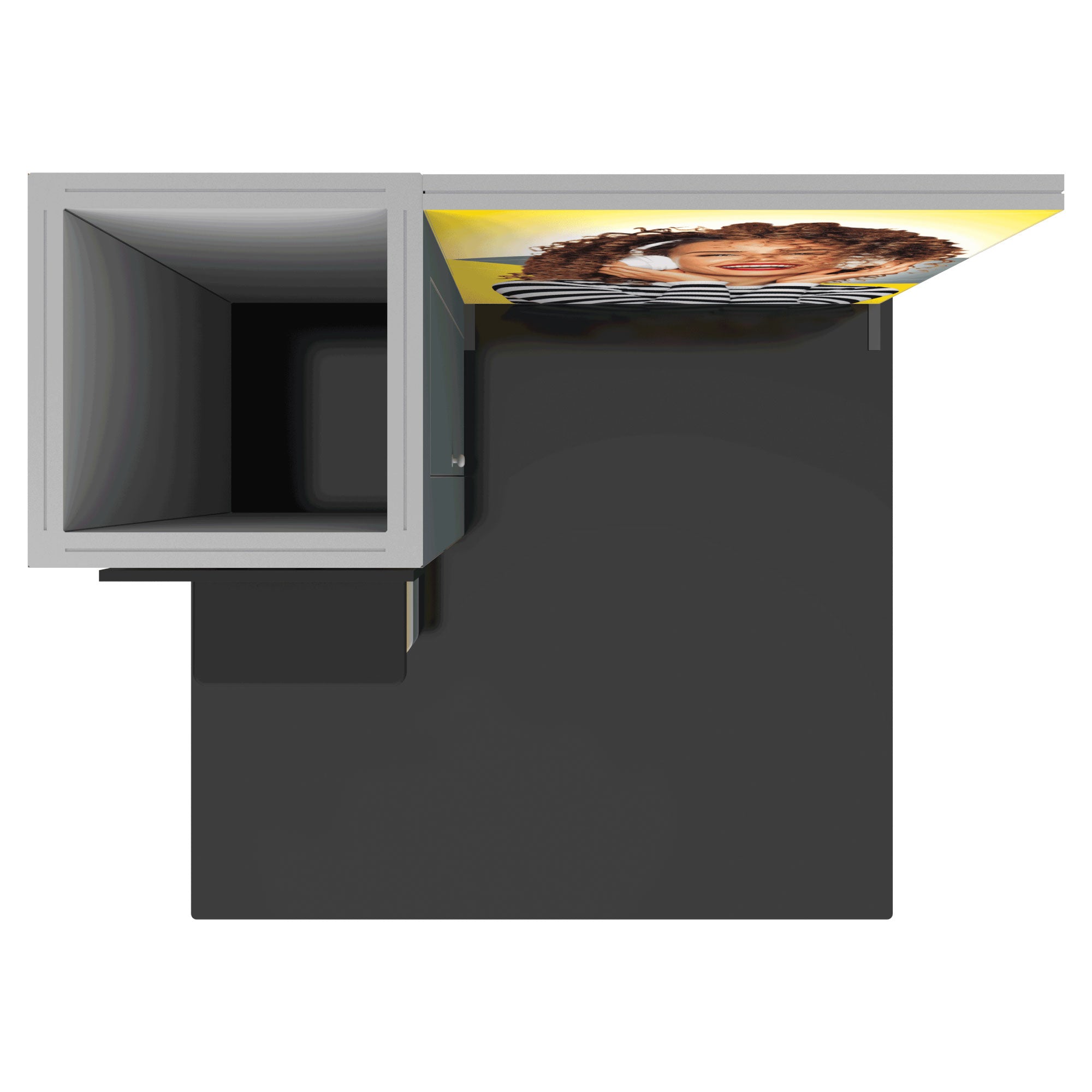 Modular trade show booth with large graphic panel and display counter in exhibition space