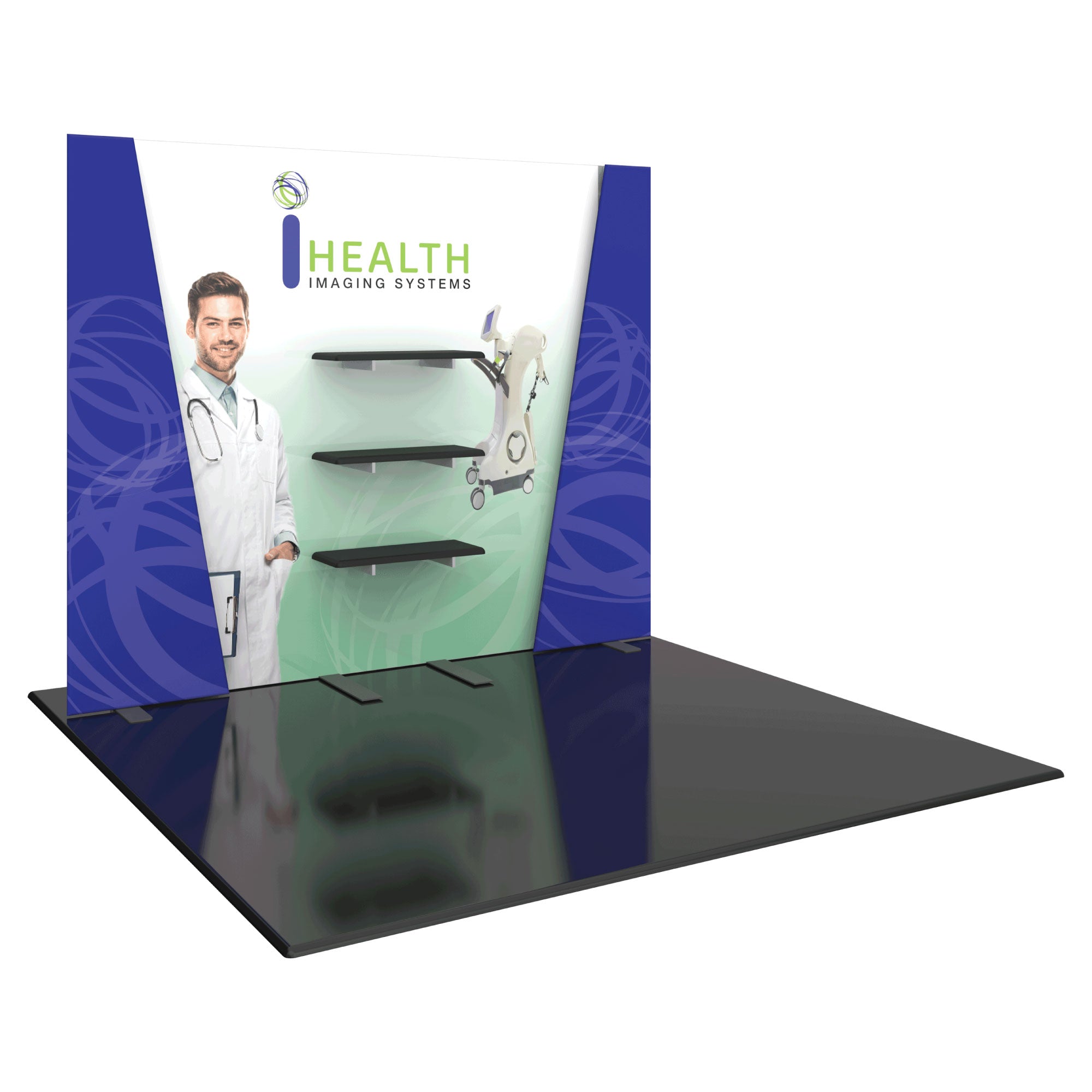 Trade show modular display booth with medical imaging branding and detachable shelves for exhibitions