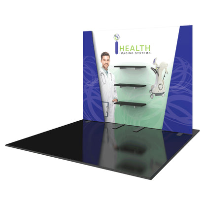Modular trade show display with healthcare imaging graphics and shelves for exhibitions and events
