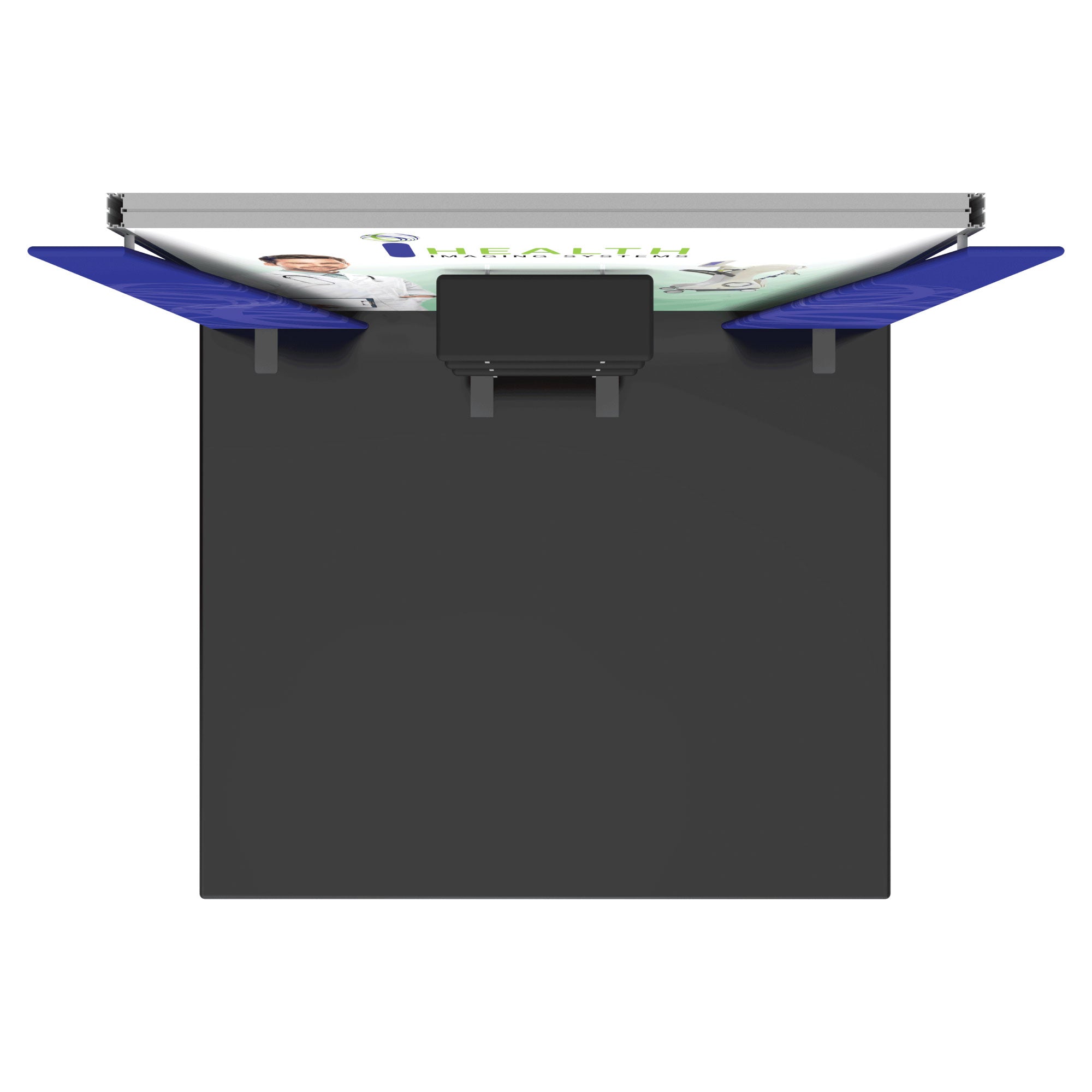 Modular trade show booth with large branded backwall, side panels, and central counter for exhibitions