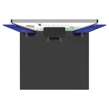 Modular trade show booth with large branded backwall, side panels, and central counter for exhibitions