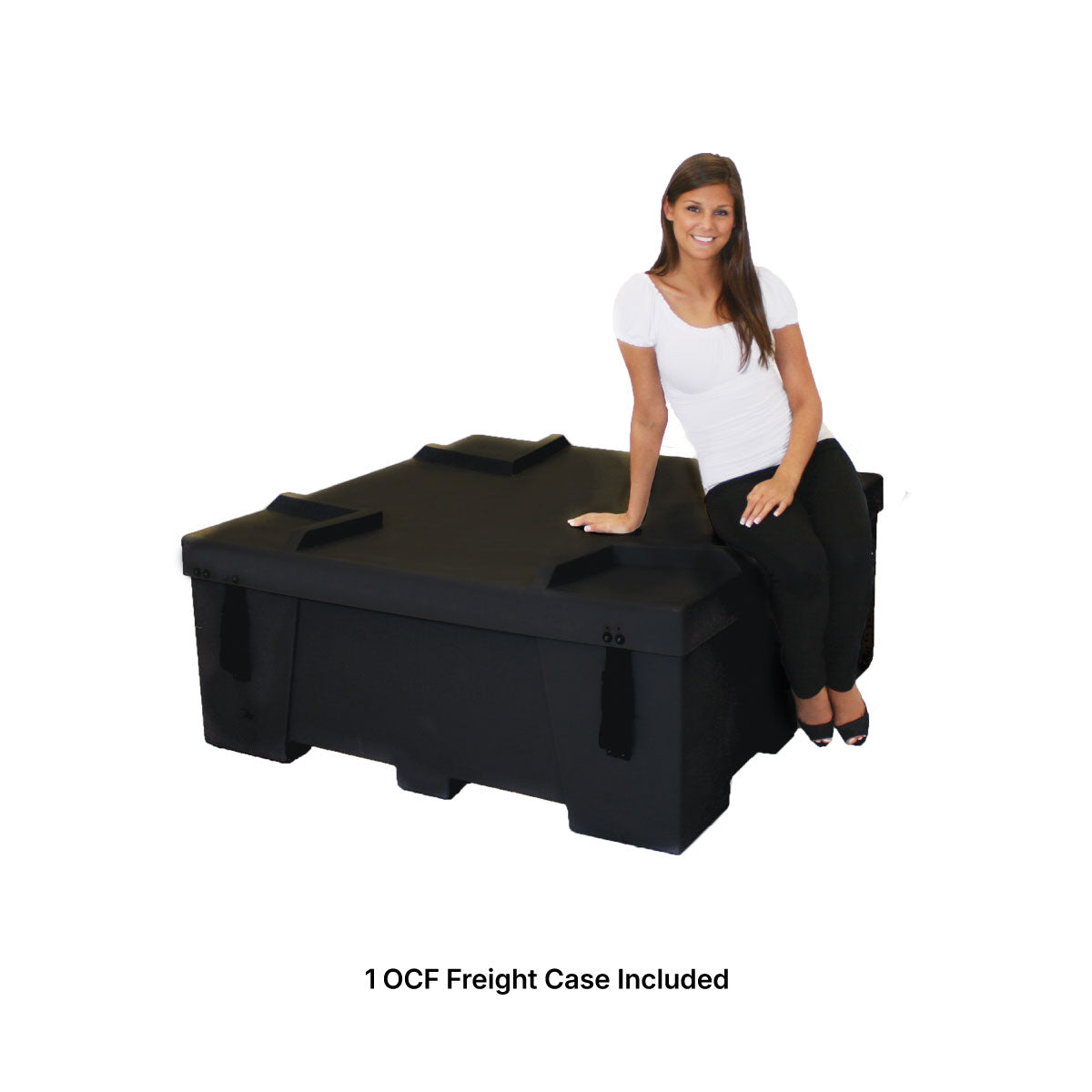 Modular freight case used for trade shows and special event equipment transport with woman sitting on top