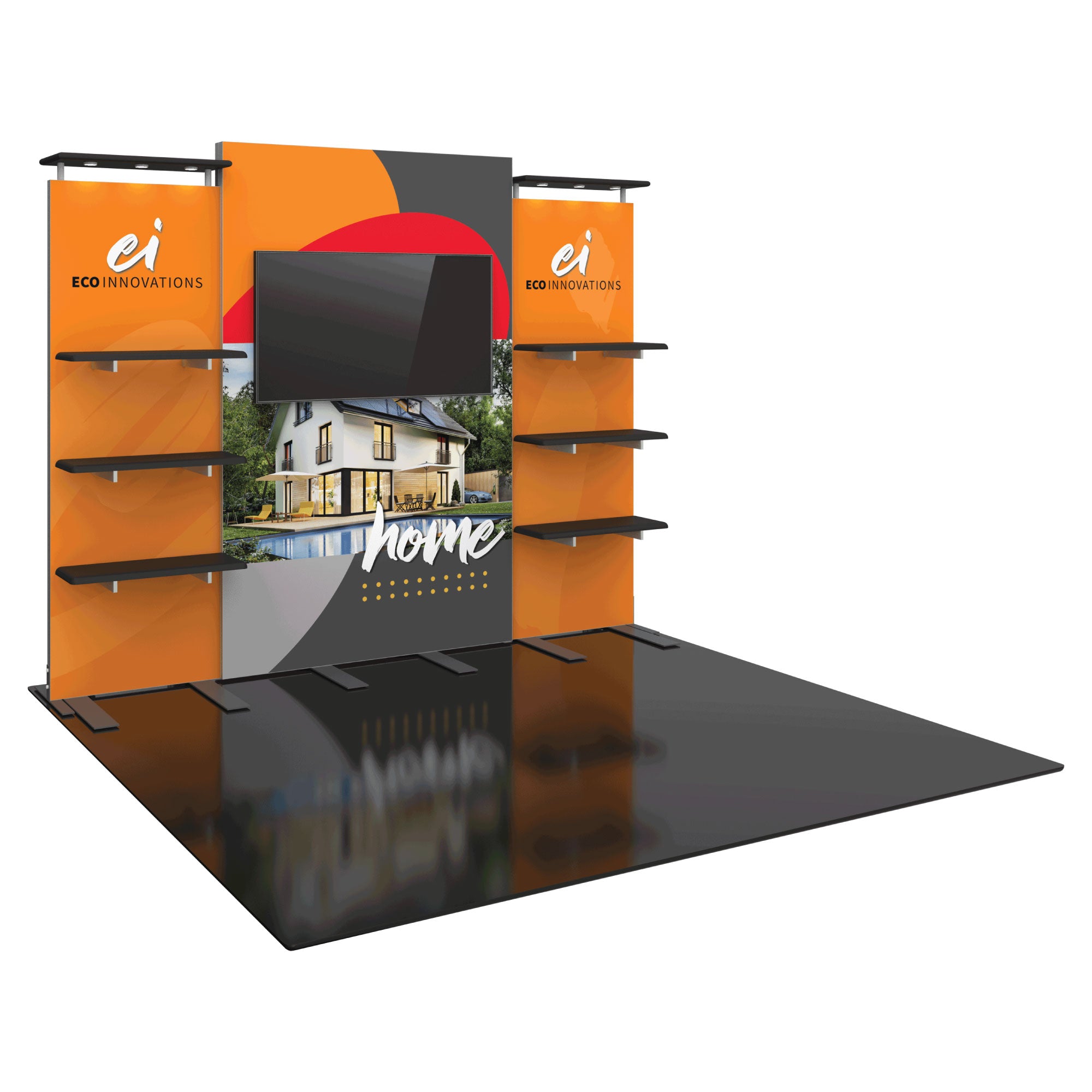 modular trade show display with shelves, large TV mount, and branded graphics for exhibitions and events