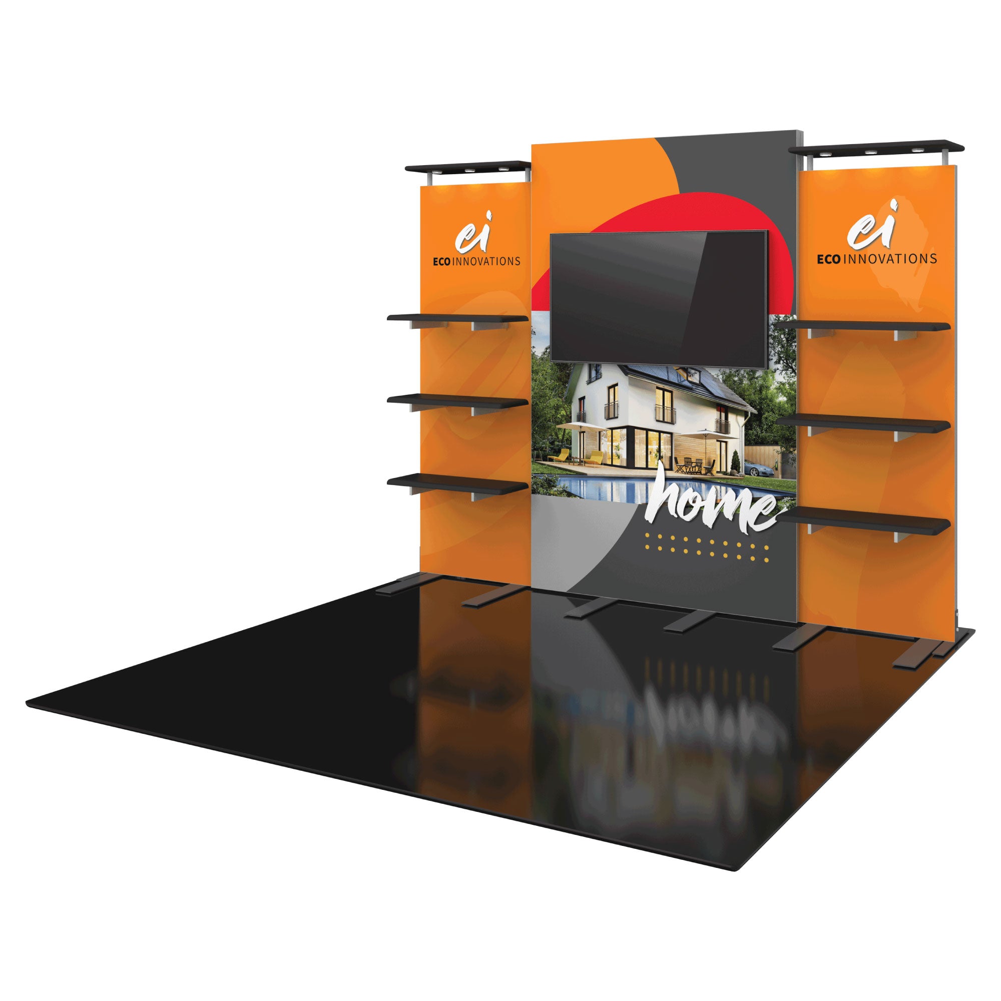 Modular trade show display with branded panels, shelves, TV mount, and large graphic backdrop for exhibitions