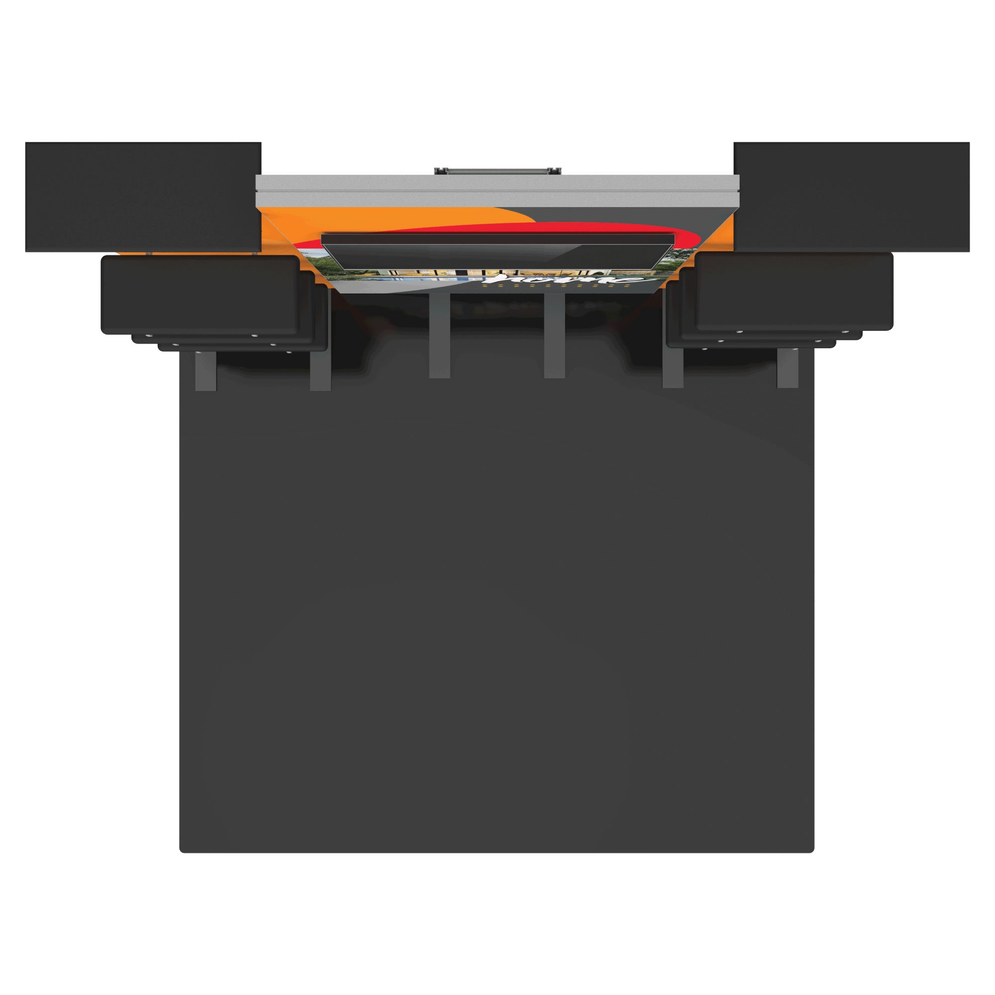 Modular trade show booth with large display screen and multiple counters for exhibitions and events