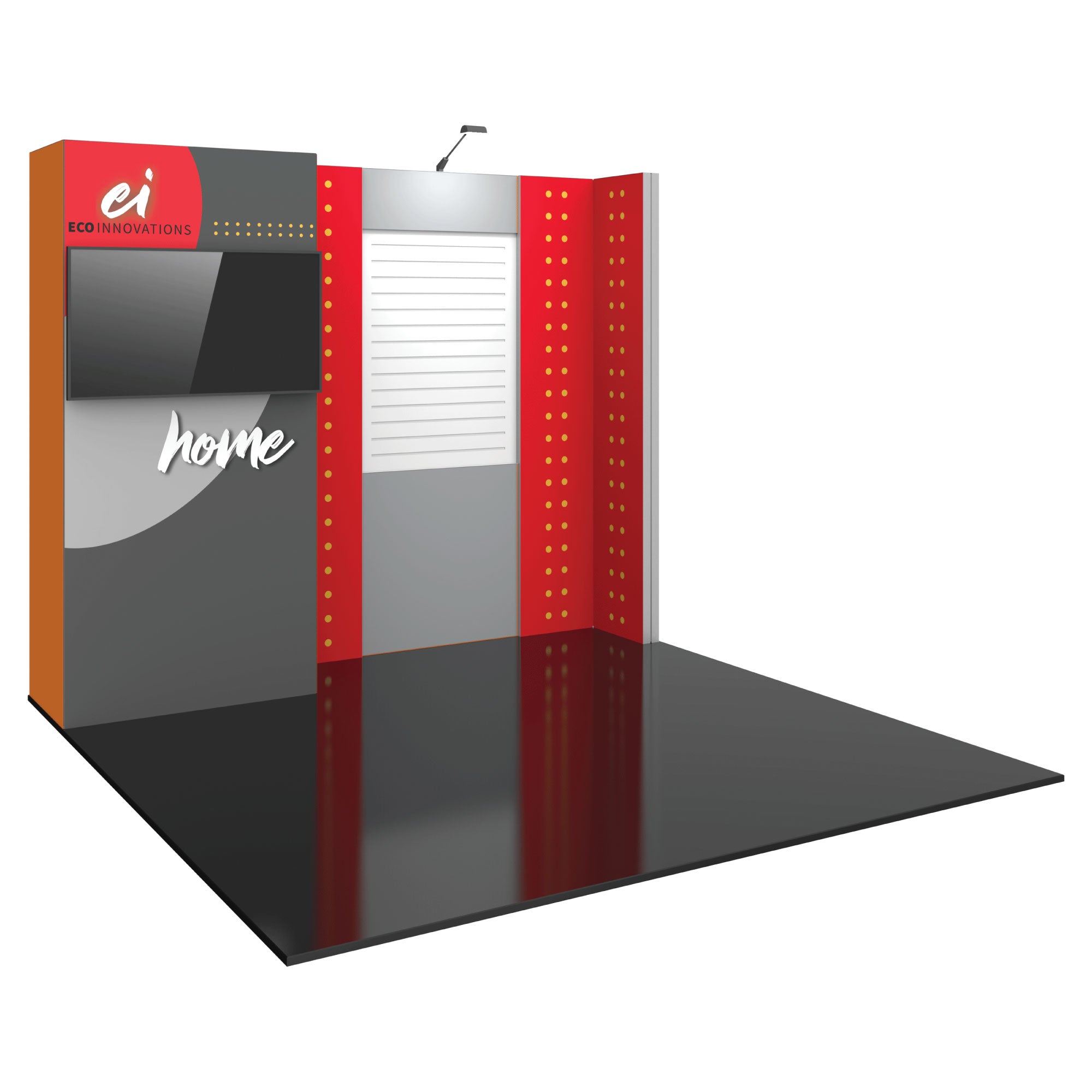 Modular trade show display booth with large screen, lit signage, and panel for showcasing products