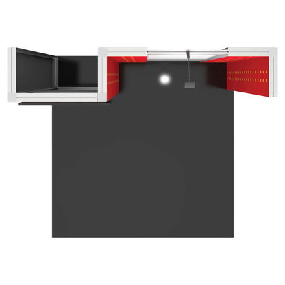 Modular trade show booth display with illuminated overhead light and open exhibit space