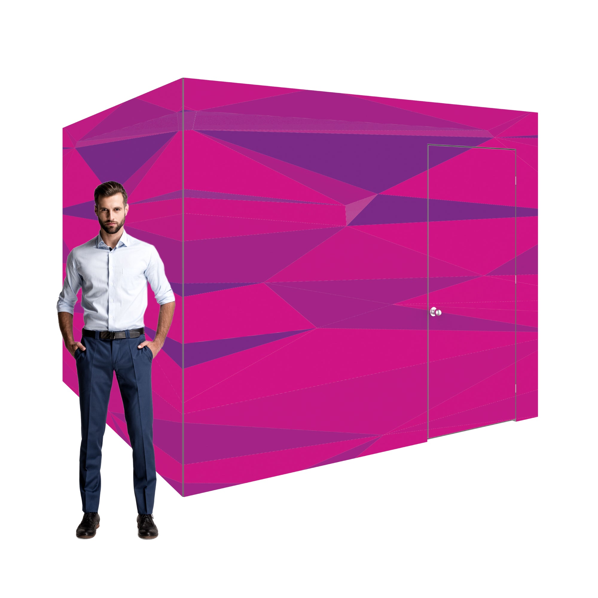 Modular enclosed trade show booth with geometric design and man standing beside it for exhibitions