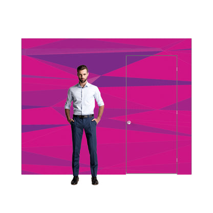 Modular trade show backdrop with geometric wall panel and integrated door featuring a standing man