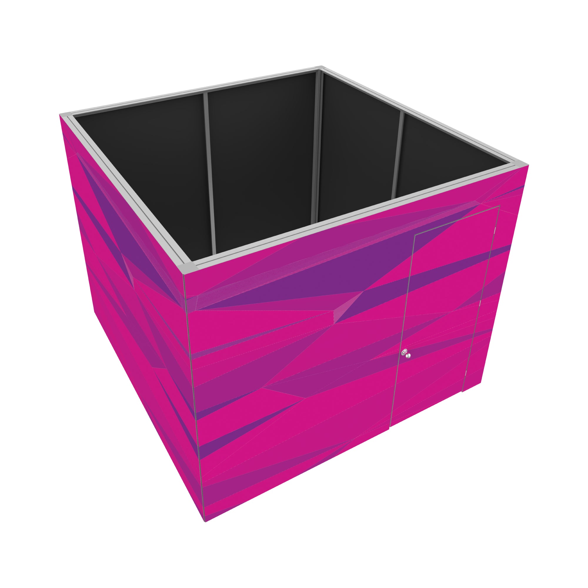 Modular trade show booth structure with door, designed for exhibitions and special events