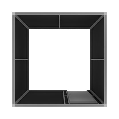 Modular frame structure for trade show booths and exhibitions with lockable compartment