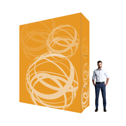 Modular trade show display with abstract sphere graphics and a business professional for scale