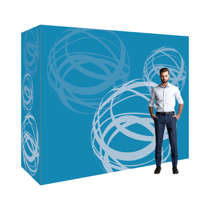 Modular trade show display with abstract circular graphics and a standing man for exhibition booth