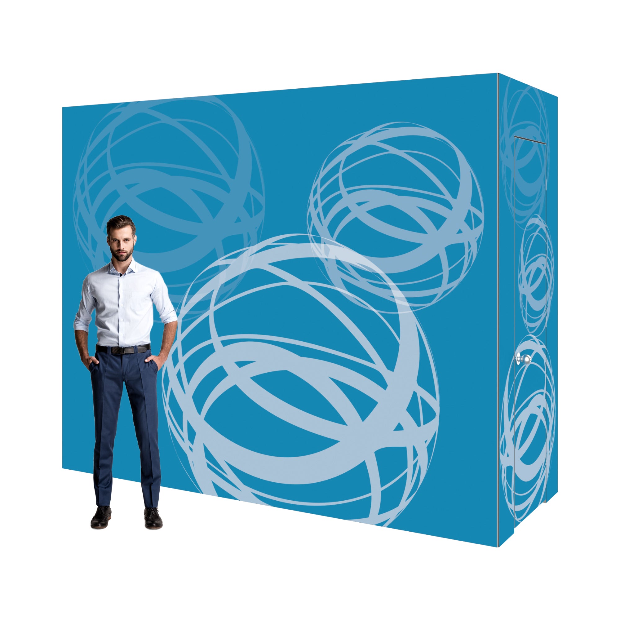 Modular trade show booth with abstract globe graphics and a man standing beside it