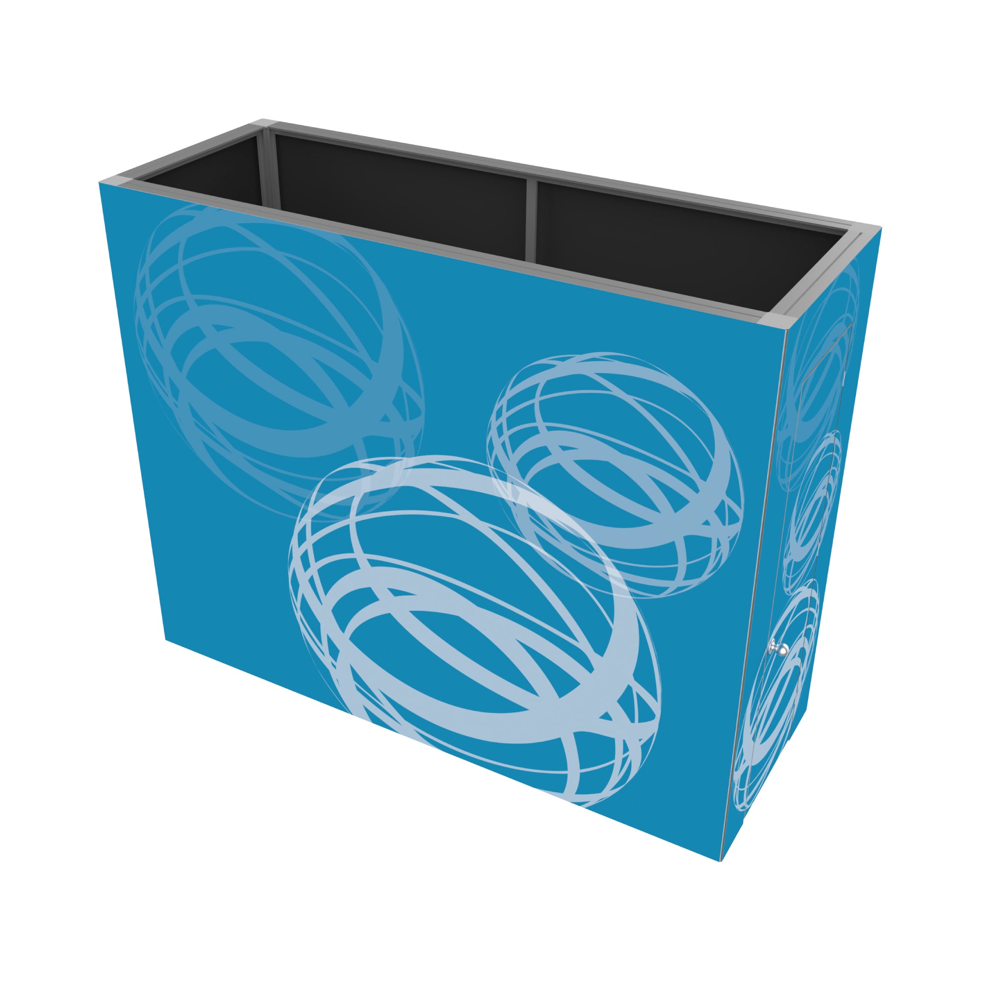 Modular trade show counter with graphic panels featuring circular designs for exhibitions and events